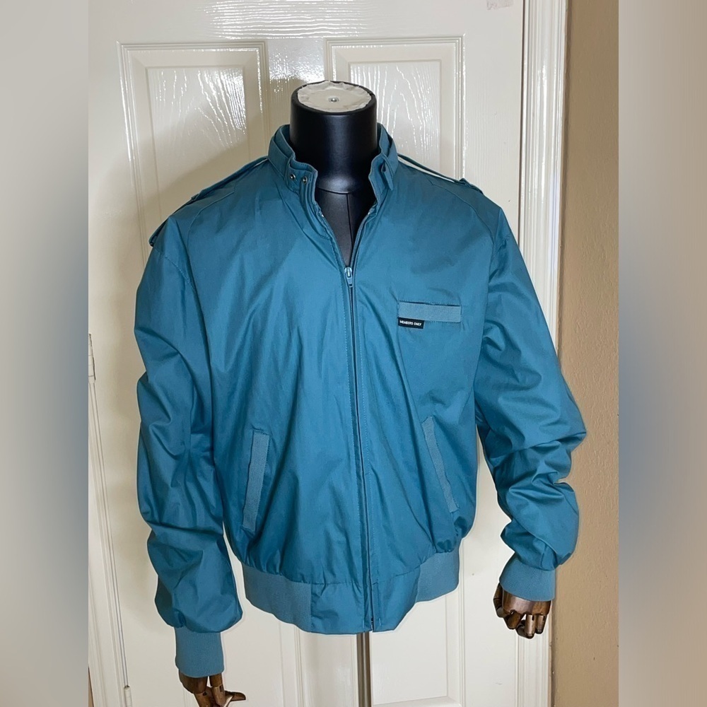 Members Only Bomber Jacket Mens Large Teal Full Zip Racer Europe Craft(Clean)‍﻿﻿